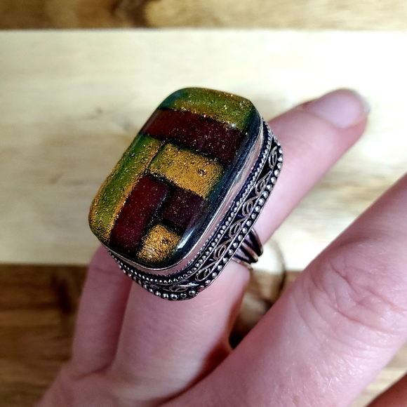 New Huge Dichroic Glass 925 Silver Ring. - Picture 9 of 9